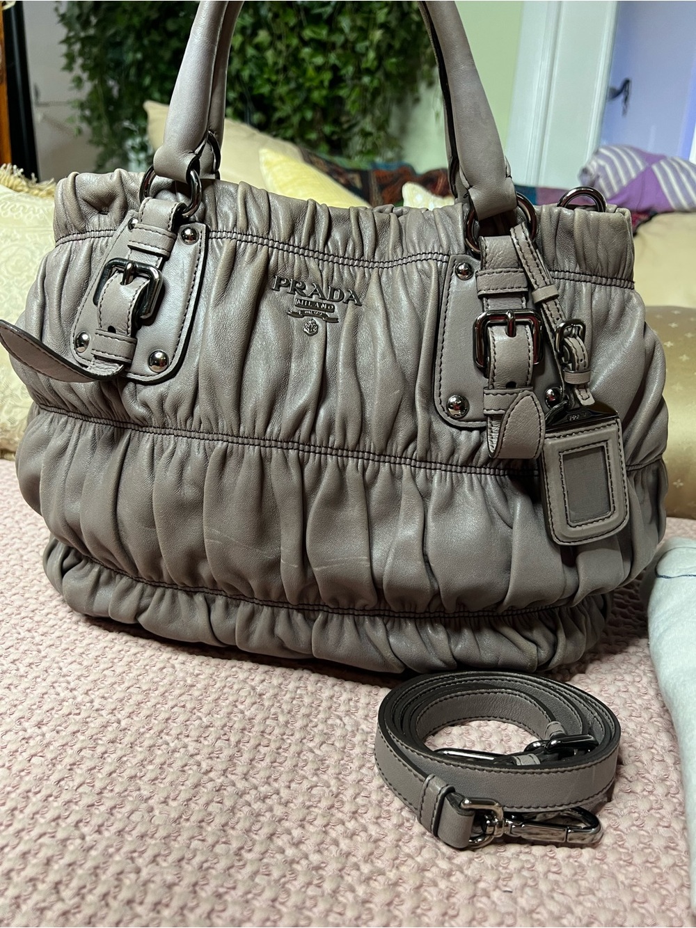 Prada Nappa Gaufre Gray Leather Satchel with Dust Bag